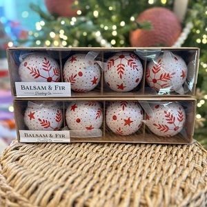 Balsam & Fir Alpine ornaments 2 sets of 4 white with snowflakes